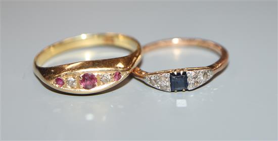 Two 18ct gold and gem set rings, including ruby and diamond and sapphire and diamond.